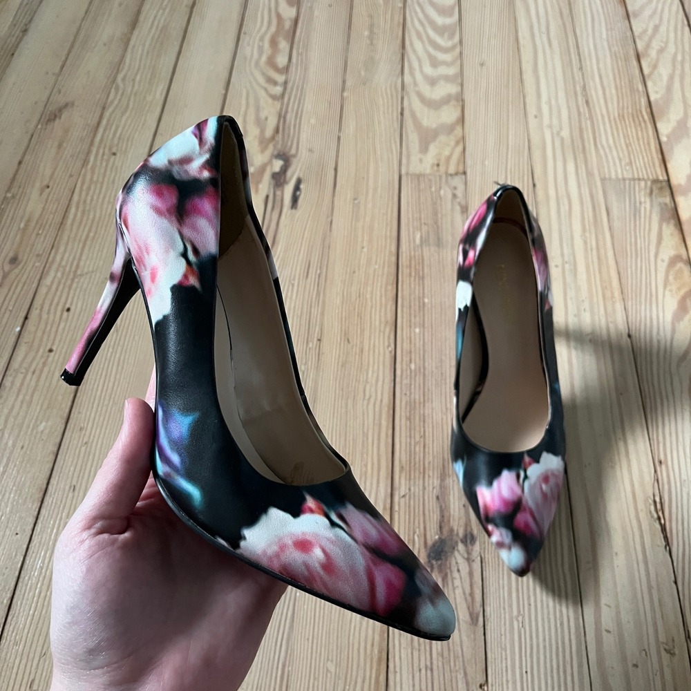 Nine West Floral Pointed Toe Stiletto Pumps Womens 6.5 Black Pink Multi Heel